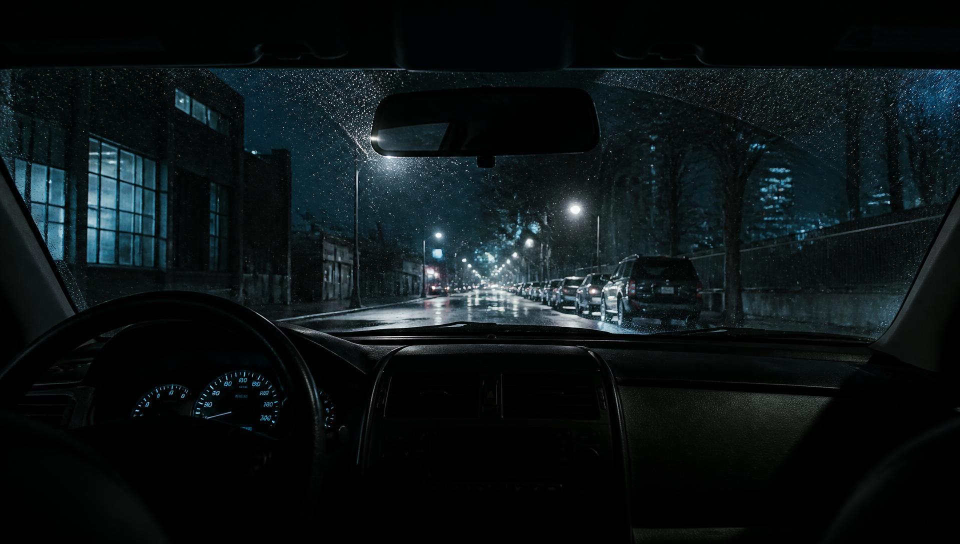 Night view of a city street from inside an unmarked surveillance vehicle